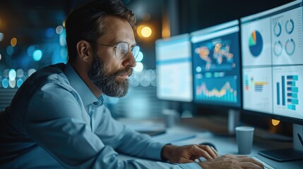 Poster - Businessman managing a project on computer with visible project charts on screen. Generative AI.