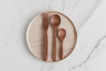 Top view of a wooden spoon, fork, and knife neatly placed on a round plate