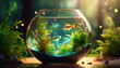 Glass fishbowl with lively fish and green plants inside