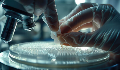 Poster - Close up scientist hand in a laboratory, manipulating nanomaterials with precision instruments. the intricate process of researching nanotechnology for medical applications. Generative AI.