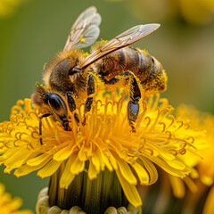 Honey bee covered with yellow pollen collecting nectar from dandelion flower