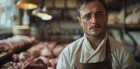 Wall Mural - Portrait of a butcher inside the butcher shop crying emotionally. Generative AI.