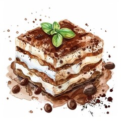 Watercolor illustration of a classic tiramisu dessert garnished with fresh basil leaf, surrounded by whole coffee beans, ideal for culinary concepts or Italian cuisine-themed designs