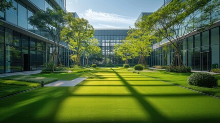 Poster - An outdoor lawn area within the company office complex. Generative AI.