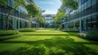 An outdoor lawn area within the company office complex. Generative AI.