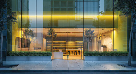 Poster - A contemporary minimalist storefront, with a delicate lime green theme. Generative AI.