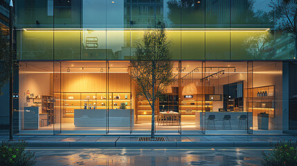 Poster - A contemporary minimalist storefront, with a delicate lime green theme. Generative AI.