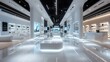 A spacious, modern interior of a consumer electronics store, designed with sleek. Generative AI.