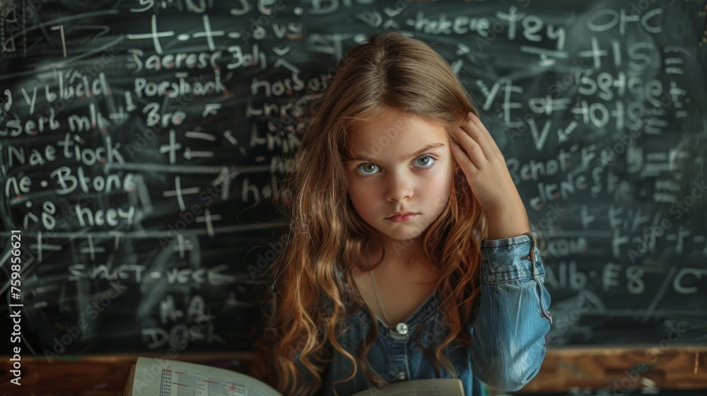Unhappy Math Unhappy kid in class room, Closeup portrait stressed, tired, little ...