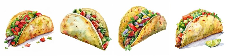 Assorted watercolor tacos with fresh ingredients, perfect for culinary themes and Cinco de Mayo celebrations