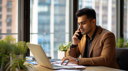 Poster - businessman engaged in a phone conversation while sitting at his desk in an office with a laptop open in front of him.