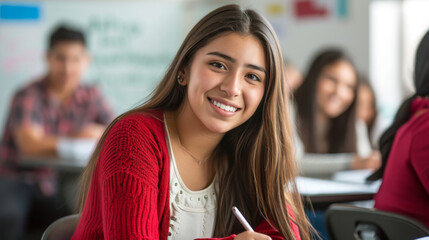 Sticker - smiling young woman with long blonde hair wearing a red cardigan is posing for the camera with classmates and a teacher blurred in the background