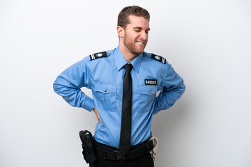 Wall Mural - Young police caucasian man isolated on white background suffering from backache for having made an effort