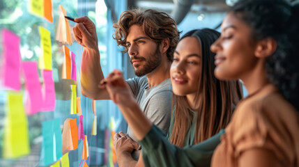 Wall Mural - professionals in a brainstorming session, with a focus on a young man with curly hair pointing at sticky notes on a glass wall, indicating a collaborative work environment