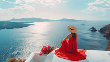 Summer Sun Holidays Adventure. Summer Travel Destination Santorini, Tourist Woman On Vacation Relaxing. Girl In Red Dress Enjoying The Sea View. 