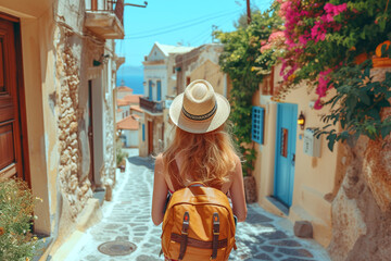 Wall Mural - Traveler woman enjoys the classic setting of white houses and colorful flowers on the Cyclades islands of Greece during summer time