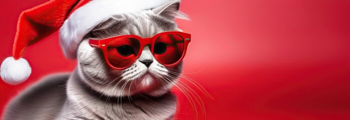 Cute Scottish Fold cat wearing Santa Claus hat and red sunglasses on red background 