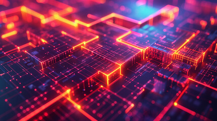 A computer chip with red and orange lines