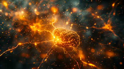 Wall Mural - A brain with many neurons is shown in a bright orange color