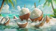 Coconut shaved ice in a 3D cartoon tropical island, refreshing escape