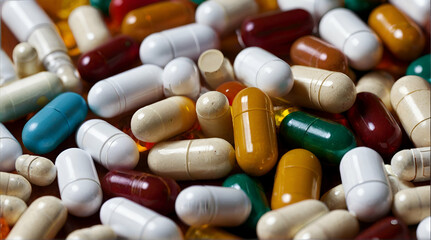 A variety of colorful pills and capsules displayed neatly, representing medicine and healthcare. generative.ai