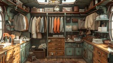 Vintage gentleman's wardrobe room with classic wooden furniture, elegant clothing, and antique decor.