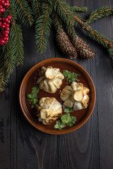 Wall Mural - Traditional georgian dumplings khinkali on a wooden background