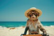 A monkey in a hat with a big suitcase on a sandy beach by the ocean. The concept of a summer vacation.
