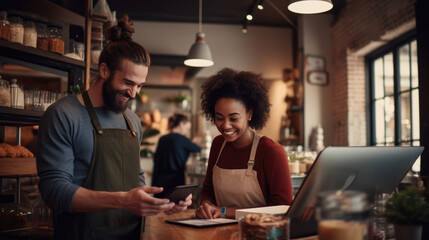 Wall Mural - Cafe worker and manager smiling and engaging with each other while using a tablet