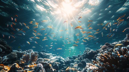 Wall Mural - Sunlit underwater scene with vibrant fish shoal in the ocean depths