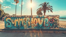 Groovy Colorful Graffiti "Summer Love" Text Spray Painted On Cement Wall Next To A Tropical Summer Beach Tourist Destination With Palm Trees And Glowing Sun