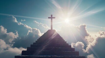 with the Christian cross,Stairway to heaven in heavenly concept.  Religion background.  Stairway to paradise in a spiritual concept.  Stairway to light in spiritual fantasy.  Path to the sky and cloud