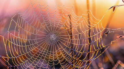 Dew-Kissed Spider Web: Intricate Patterns and Morning Drops in Natures Masterpiece