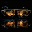 Drinkware, Historical Epochs, Time Traveling Cups, Mix of Cultures, Photography, Silhouette Lighting, Double Exposure., Wide-angle view