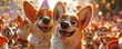 Corgi, party hat, internet sensation, posing for a selfie with a crowd of admirers, sunny day, 3D render, golden hour lighting, bokeh effect., High-angle view