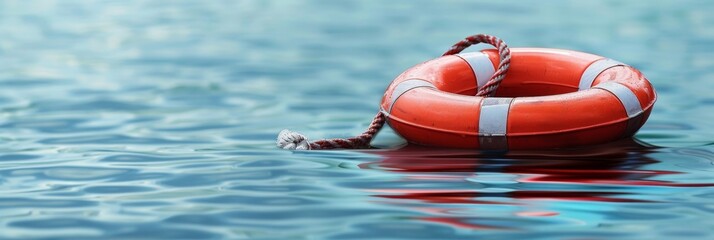 Wall Mural - Red life preserver in the water. Open ocean landscape. Travel, tourism and safety concept.