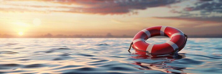 Wall Mural - Red life preserver in the water. Morning ocean landscape with horizon line. Travel, tourism and safety concept.