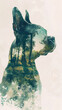 Double Exposure: Boston Terrier Silhouette and Nature Park Watercolor Gen AI