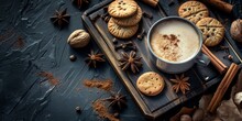 Cup Of Coffee With Cookies And Spices On Dark Background