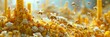 A 3D depiction of a cute, bustling bee city with bees in tiny suits going about their day, surrounded by honeycomb buildings and pollen parks