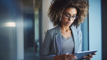 Canvas Print - Businesswoman stands in an office with a tablet in her hands.