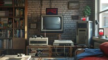 A 3D model of an early video game console setup in a living room, complete with a cathode-ray tube TV and wired controllers