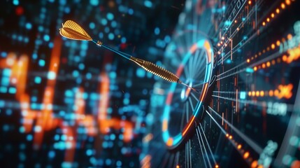 Close-up on a dart hitting bullseye, surrounded by digital graphs and glowing success metrics for a financial report cover