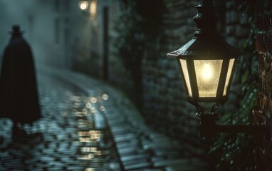 Close-up of a gas lamp on a cobblestone street, casting light on a mysterious figure in a cloak, hinting at Jack the Ripper's presence