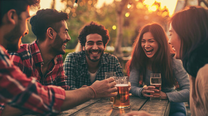 Wall Mural - Group of friends is enjoying a lively conversation over drinks at an outdoor gathering during golden hour.