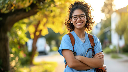 Sticker - Cheerful young woman, a blue scrub, and a stethoscope stands confidently outdoors with a leather backpack, indicating she is a medical student