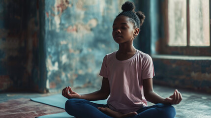 Poster - Young girl sitting in the lotus position on a yoga mat, practicing meditation with her eyes closed