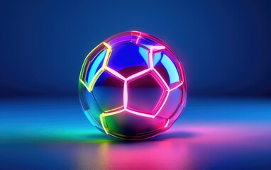 Abstract glowing neon colored soccer ball over blue background, space for text.