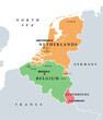 Benelux, Benelux Union member states, political map. Politico-economic union and formal international intergovernmental cooperation of the European states Belgium, the Netherlands, and Luxembourg.