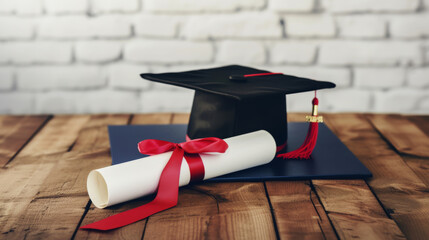 Poster - black academic cap with a red tassel and a diploma with a red ribbon, placed on a wooden surface against a blurred brick wall background
